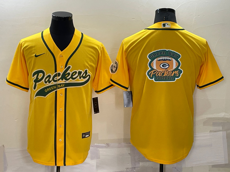 Men's Green Bay Packers Yellow Team Big Logo With Patch Cool Base Stitched Baseball Jersey Men's Green Bay Packers Yellow Team Big Logo With Patch Cool Base Stitched Baseball Jersey